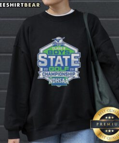 Alt Text: Premium NDHSAA Class B Boys Golf State Tournament 2026 sweatshirt featuring team colors and logo design.