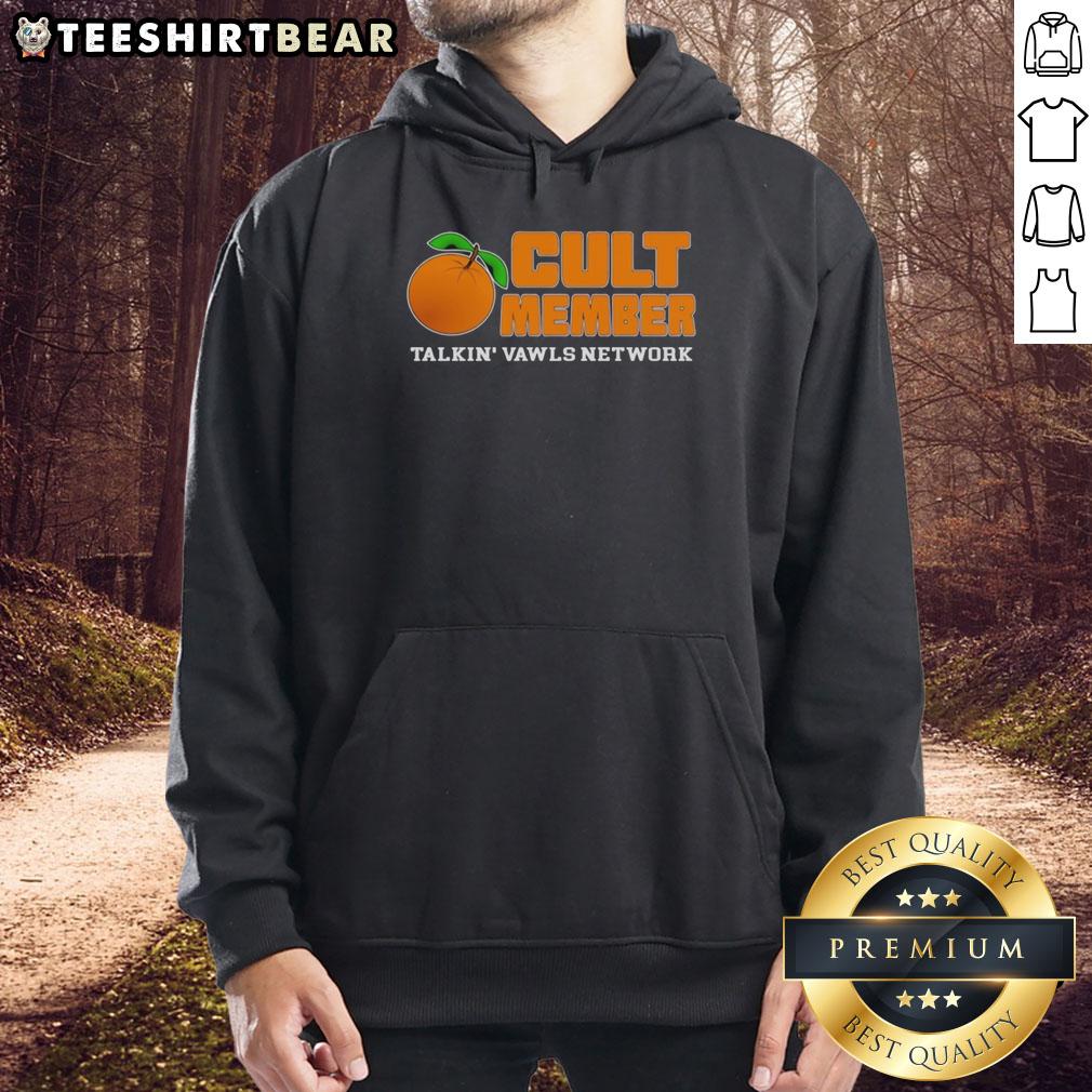 Premium Orange Cult Member Talking Vawls Network Fan Hoodie showcasing vibrant color and stylish design for fans.