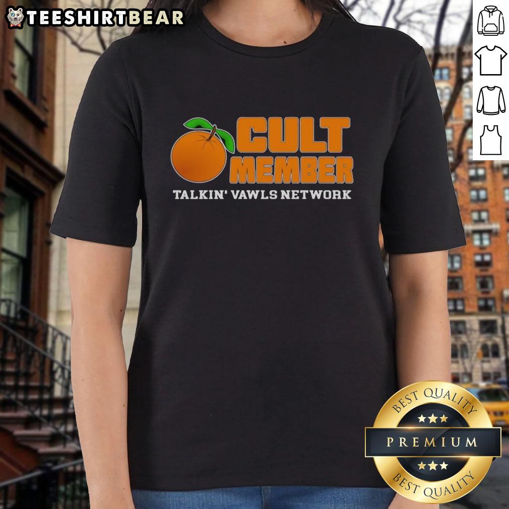 Premium Orange Cult Member Talking Vawls Network fan ladies tee featuring a stylish design for dedicated fans.