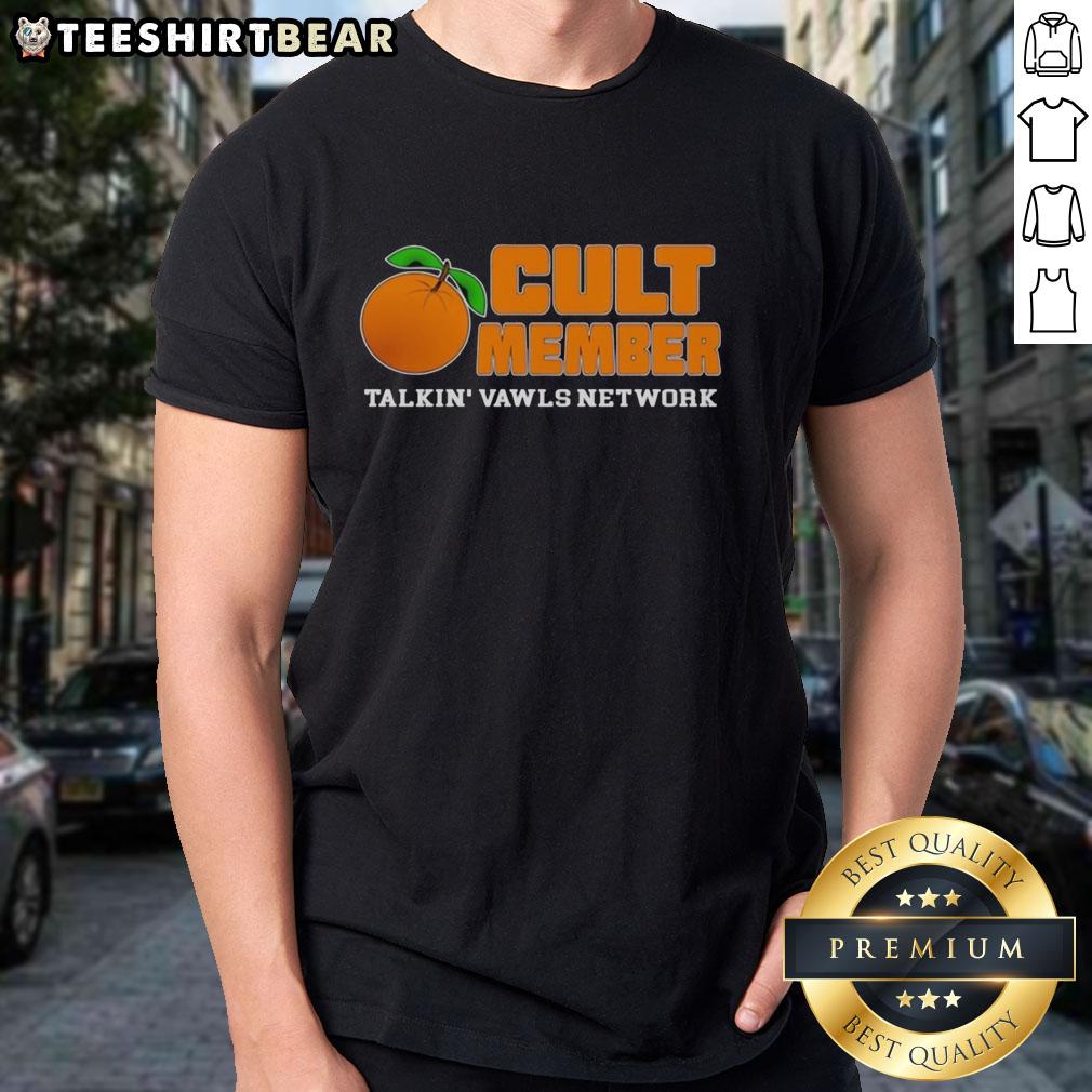 Premium Orange Cult Member Talkin Vawls Network Fan T-Shirt featuring vibrant design and comfortable fit for fans.