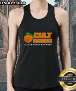 Premium Orange Cult Member Talkin Vawls Network Fan Tank Top featuring vibrant design and comfortable fit for fans.