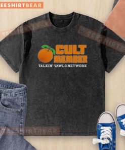 Premium orange Cult Member Talkin' Vawls Network fan washed t-shirt featuring vibrant graphics and a comfortable fit.