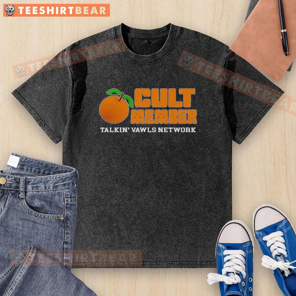 Premium orange Cult Member Talkin' Vawls Network fan washed t-shirt featuring vibrant graphics and a comfortable fit.