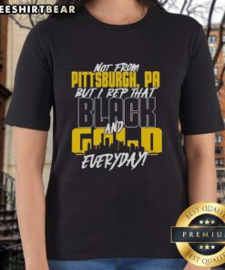 Premium Pittsburgh Steelers NFL ladies tee featuring black and gold colors, perfect for fans showing team pride.