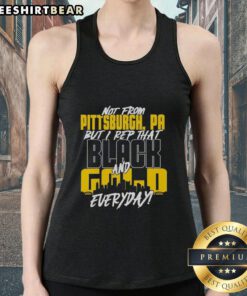 Alt Text: Premium Pittsburgh Steelers NFL tank top in black and gold, perfect for fans, even if not from Pittsburgh.