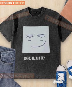 Premium Roblox Man wearing a face mask with a careful kitten graphic on a washed t-shirt, perfect for gamers and cat lovers.
