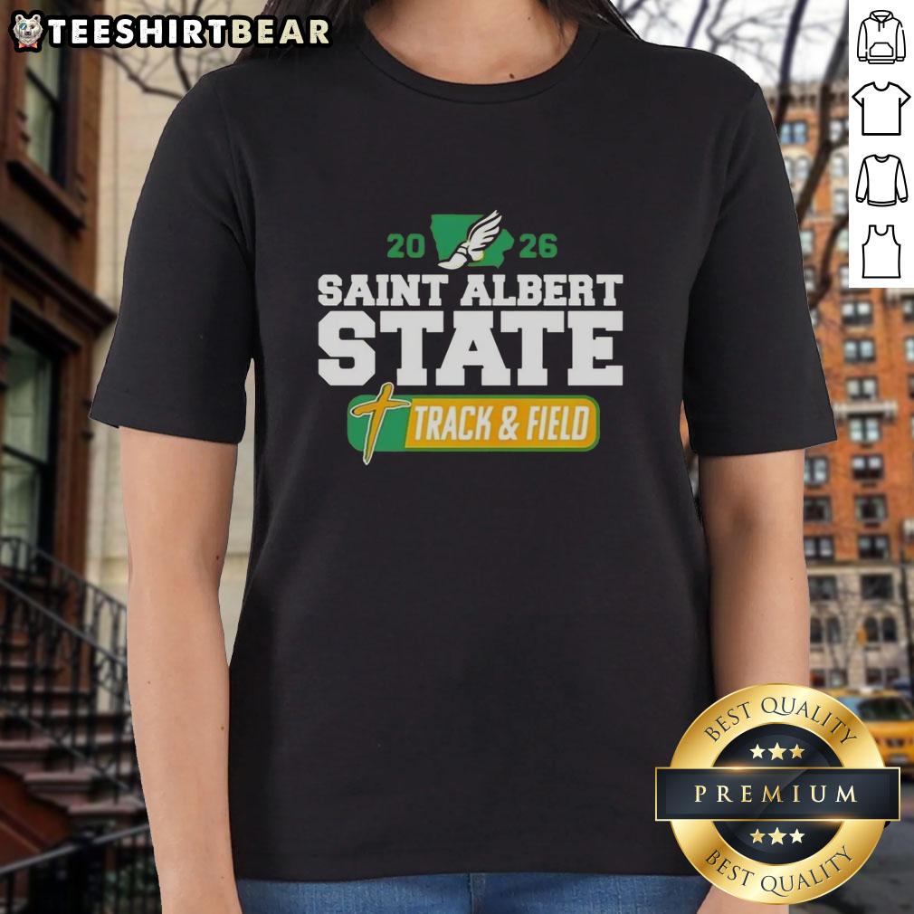 Alt Text: Premium Saint Albert State Track and Field 2026 ladies tee featuring a stylish design and comfortable fit for athletes.