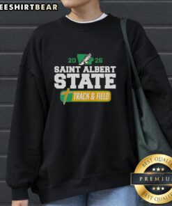 Alt Text: Premium Saint Albert State Track and Field 2026 sweatshirt in athletic gray with vibrant logo, perfect for team pride.