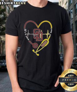Premium San Diego Padres Stethoscope Heartbeat T-Shirt, showcasing a unique heart design for baseball fans and healthcare workers.