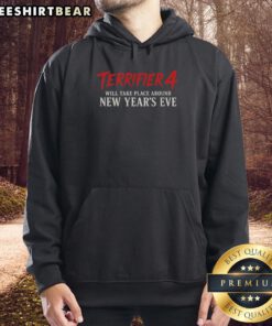Premium Terrifier 4 hoodie featuring festive design, perfect for New Year's Eve celebrations and horror movie fans.