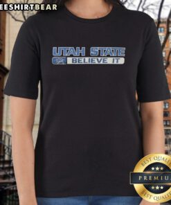 Premium Utah State Aggies Believe It Bull logo on a stylish ladies tee for fans and supporters.
