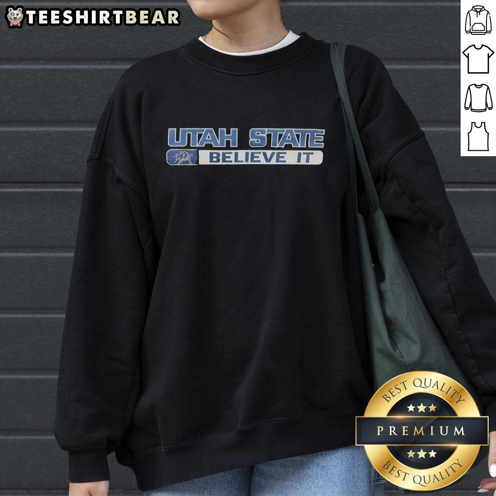 Alt Text: Premium Utah State Aggies Believe It Bull Logo Sweatshirt featuring a bold design and comfortable fit for fans.