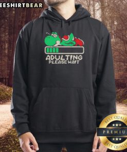 Premium Yoshi Adulting Please Wait Hoodie in vibrant colors, perfect for gamers and fans of retro video games.