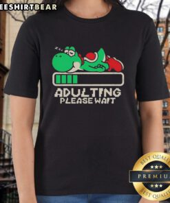 Premium Yoshi Adulting Please Wait Ladies Tee featuring vibrant Yoshi design, perfect for gamers and stylish casual wear.