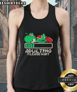 Premium Yoshi Adulting Please Wait Tank Top featuring a playful Yoshi graphic, perfect for casual wear and gamer style.