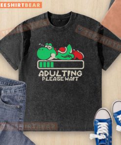 Premium Yoshi Adulting Please Wait Washed T-Shirt featuring a playful Yoshi graphic for casual wear.