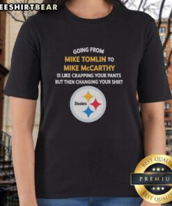 Funny meme comparing Mike Tomlin to Mike McCarthy with a humorous twist on changing a ladies' tee.