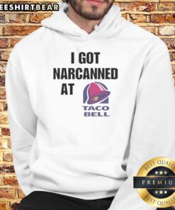 Fashionable 'Pretty I Got Narcanned At Taco Bell' hoodie displayed on a model, showcasing Taco Bell-themed streetwear.