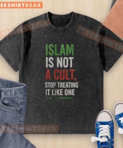 Washed t-shirt with 'Pretty Islam is Not a Cult' slogan, promoting understanding and respect for Islamic beliefs.