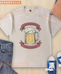 Funny washed t-shirt with 'Pretty Love is Temporary, Beer is Forever' slogan, perfect for beer lovers and casual wear.
