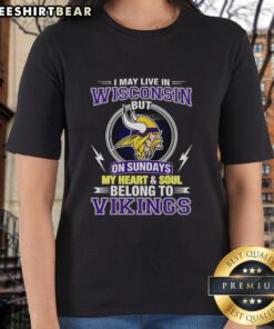 Alt Text: Pretty Minnesota Vikings NFL ladies tee showcasing love for the team despite living in Wisconsin on game days.