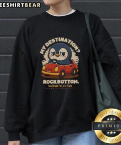 Alt Text: Cozy penguin sweatshirt with 'Rock Bottom' text, perfect for staying warm and stylish during chilly days.