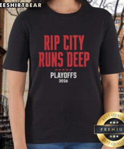 Pretty Portland Trail Blazers Rip City Runs Deep Playoffs 2026 Ladies Tee featuring vibrant graphics and team colors.