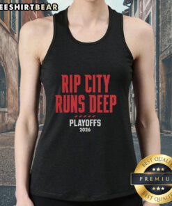 Pretty Portland Trail Blazers 'Rip City Runs Deep' tank top for playoffs 2026, showcasing team spirit and style.