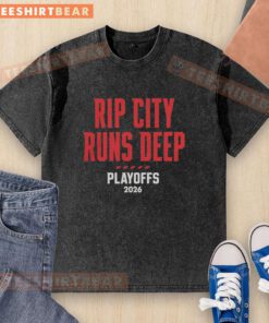 2026 Portland Trail Blazers Rip City Runs Deep playoffs washed t-shirt, featuring vibrant team colors and iconic logo.