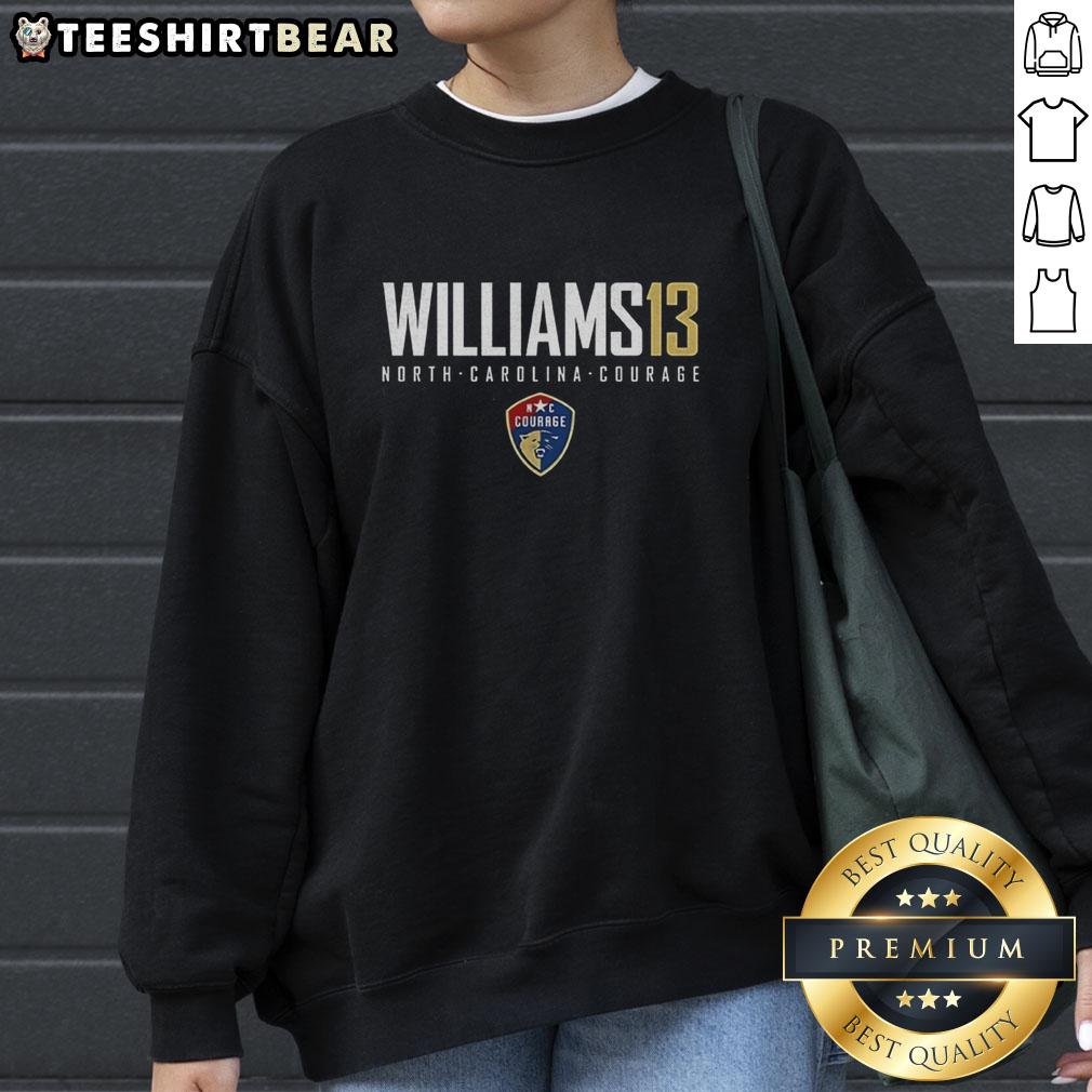 Alt Text: Pretty Ryan Williams 13 North Carolina Courage sweatshirt featuring name and number for fans of women's soccer.