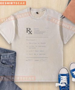 Alt Text: Funny Conservative Political shirt featuring Trump Derangement Syndrome prescription graphic on a washed t-shirt.