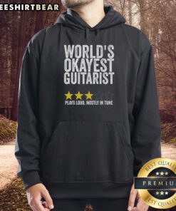 Pretty Worlds Okayest Guitarist wears a hoodie while playing guitar, showcasing style and passion for music.