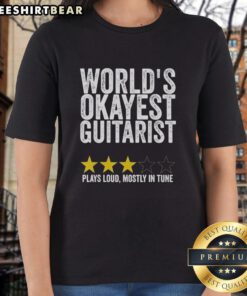 Okayest guitarist from Pretty Worlds playing loudly in tune, wearing a stylish ladies tee at a vibrant music event.