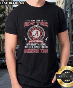 Alt Text: Top Alabama Crimson Tide t-shirt featuring 'I may live in New York on Sundays, my heart belongs to Crimson Tide'