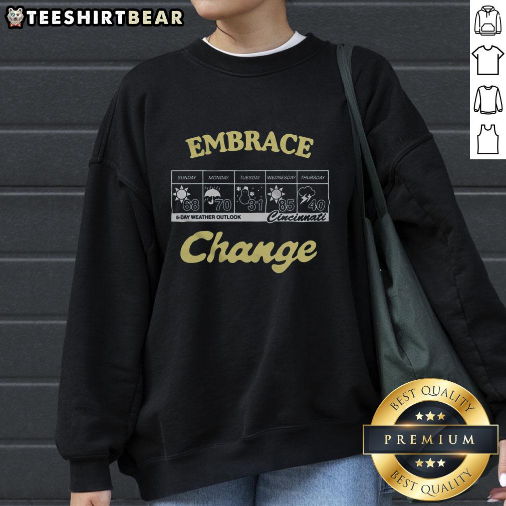 Alt Text: Cincinnati sweatshirt featuring 'Top Embrace Change' design with a 5-day weather outlook graphic.