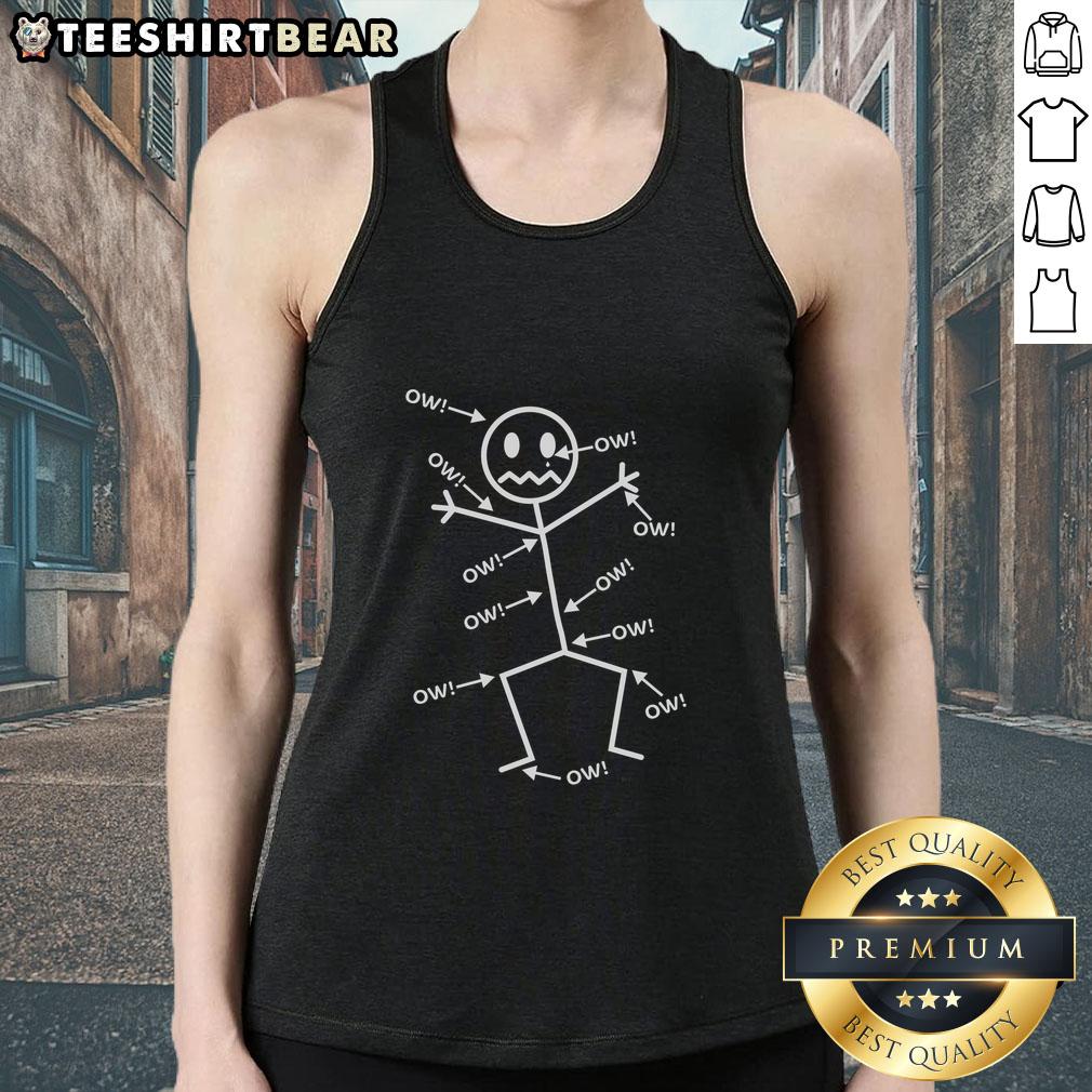 Stick man in pain wearing 'Everything Hurts' tank top, showcasing a humorous take on everyday struggles and discomfort.