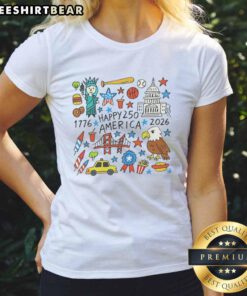 Top Happy 250 Years America 1776-2026 Doodle Ladies Tee celebrating America's 250th anniversary with a fun design.