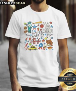 Top Happy 250 Years America 1776 2026 Doodle T-Shirt design celebrating America's 250th anniversary in a fun, artistic style.