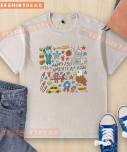 Alt Text: Top Happy 250 Years America 1776-2026 doodle design on a washed t-shirt, celebrating U.S. independence anniversary.