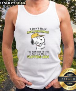Alt Text: Funny tank top featuring 'I Don't Need Anger Management, Just Stop Testing My Slapping Arm' design.