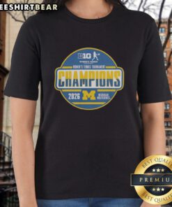 Michigan Wolverines 2026 Big Ten Women's Tennis Tournament champions celebrate in the locker room with team tees.