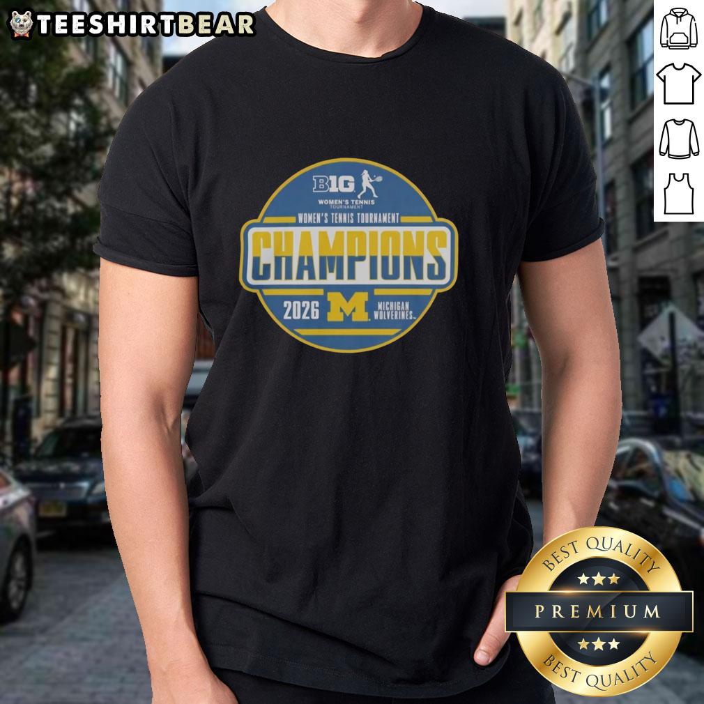 Top Michigan Wolverines 2026 Big Ten Women's Tennis Tournament Champions locker room t-shirt design featuring team colors.