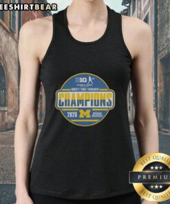 Alt Text: Michigan Wolverines 2026 Big Ten Women's Tennis Tournament champions celebrate in locker room wearing tank tops.