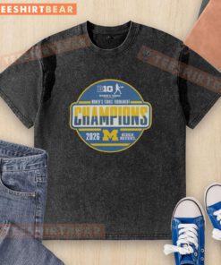 Michigan Wolverines 2026 Big Ten Women's Tennis Tournament champions locker room washed t-shirt display.