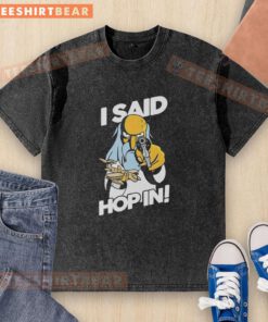 Mr. Burns holding a pistol and model aircraft in 'I Said Hop In' meme on a washed t-shirt.
