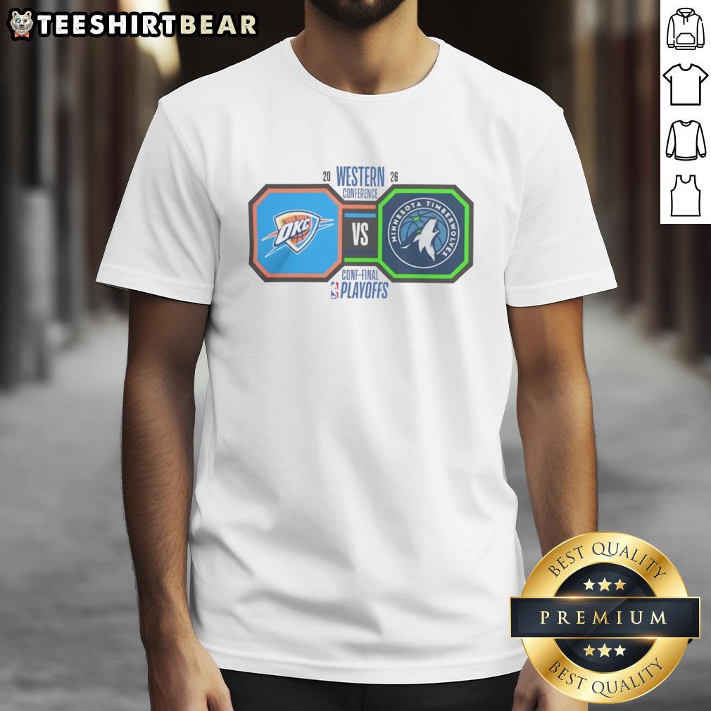 Alt Text: 2026 NBA Playoffs T-Shirt featuring Oklahoma City Thunder vs Minnesota Timberwolves Western Conference Final design.