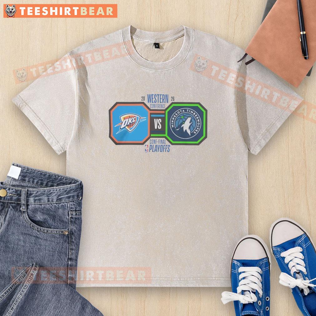 2026 NBA Playoffs Oklahoma City Thunder vs Minnesota Timberwolves washed t-shirt featuring team logos and vibrant colors.