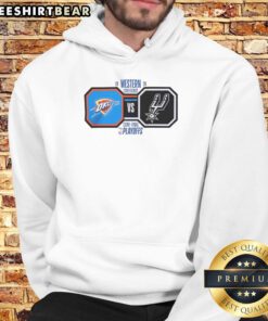 Oklahoma City Thunder vs San Antonio Spurs 2026 Western Conference Final NBA Playoffs hoodie featuring team logos and colors.