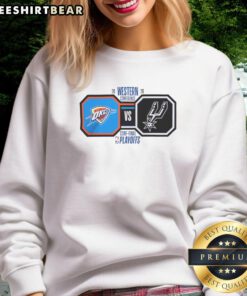 Oklahoma City Thunder vs San Antonio Spurs 2026 NBA Playoffs sweatshirt featuring team colors and logo design.