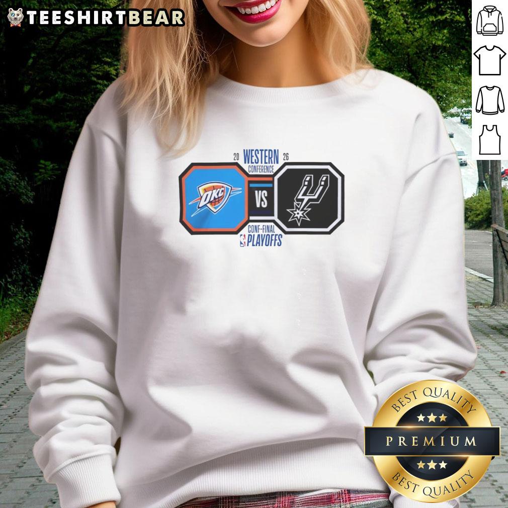 Oklahoma City Thunder vs San Antonio Spurs 2026 NBA Playoffs sweatshirt featuring team colors and logo design.